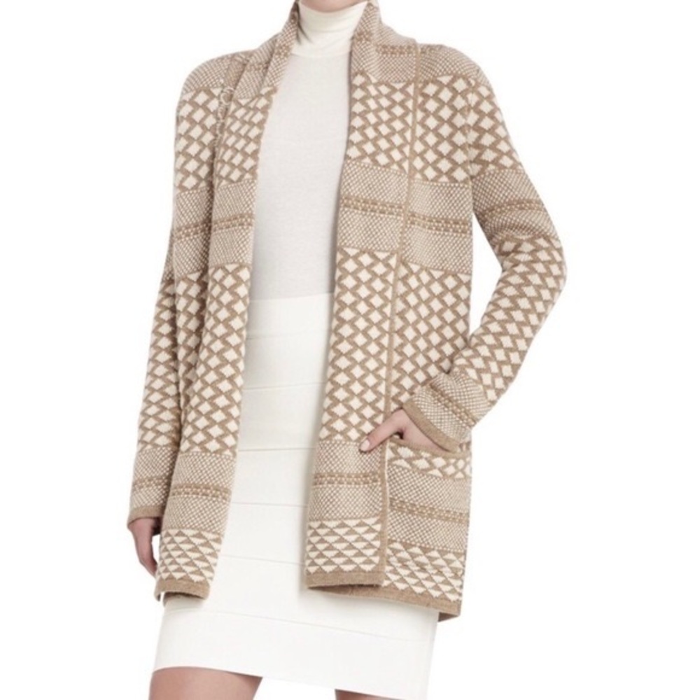 BCBGMaxAzria Shadia Wool Open Front Knit Geometric Print Cardigan Size Small